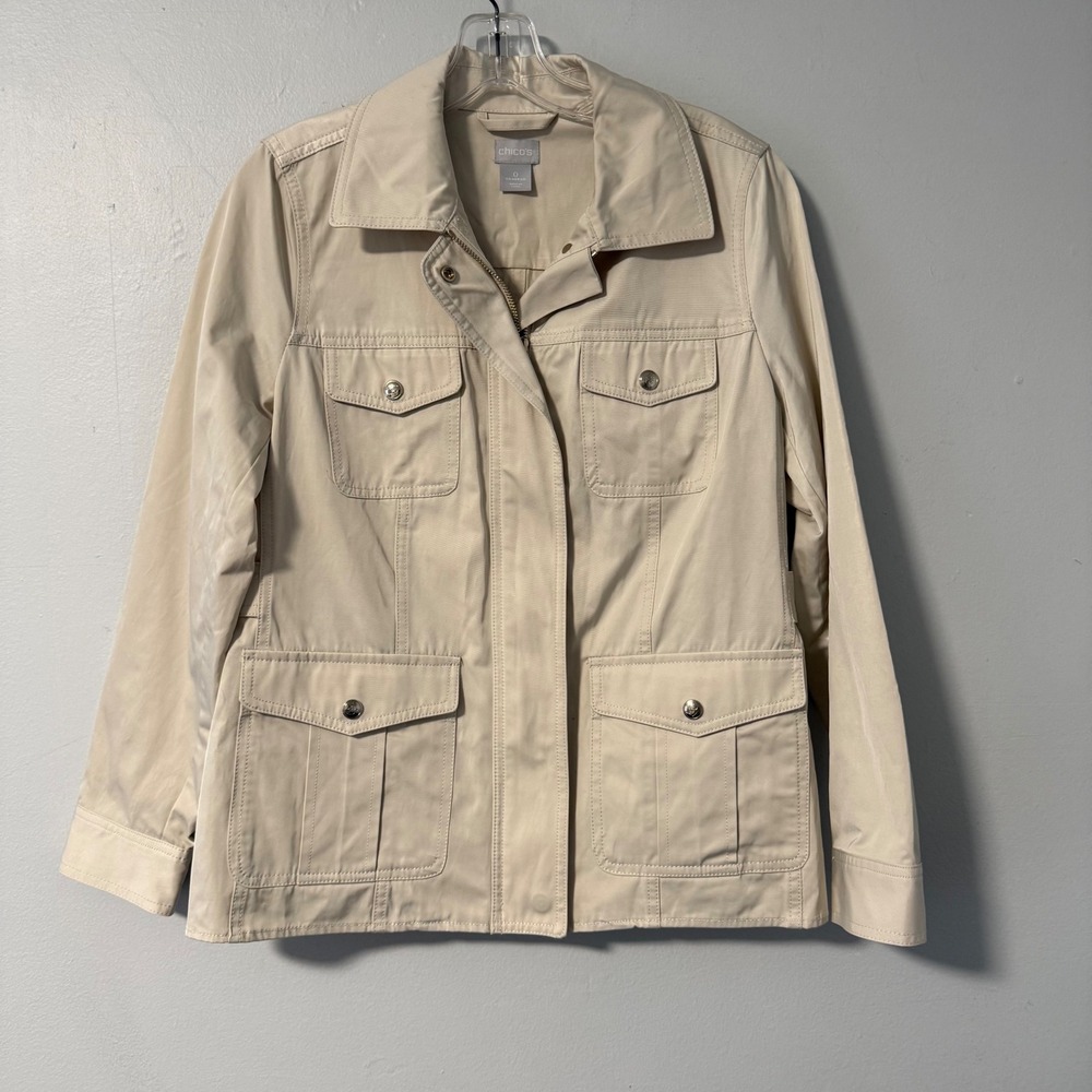 Chicos Utility Jacket Beige Button Snap Pocket Co… - image 1